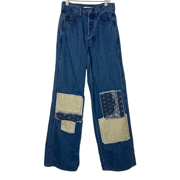 PacSun Eco Bandana Patch High Waisted Baggy Jeans 23 Womens Wide Leg Button Fly - Picture 1 of 9
